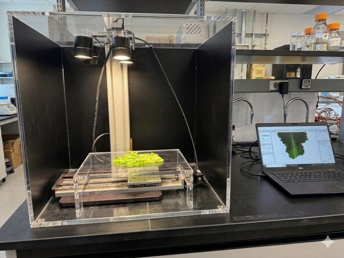Hyperspectral imaging rig scanning a lettuce leaf in the lab