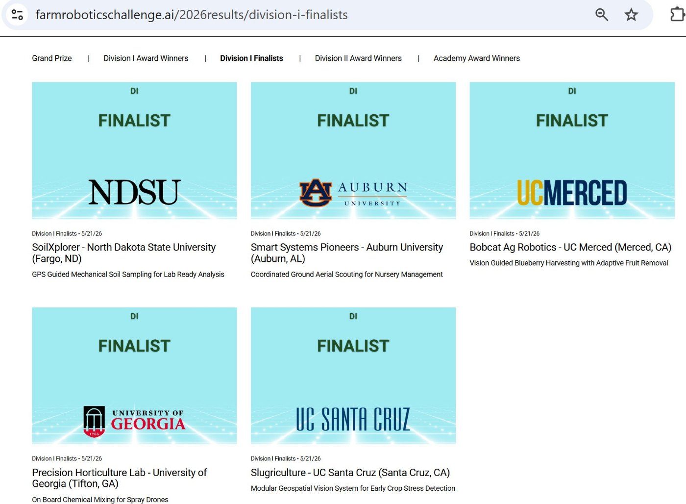 Division I Finalists of the 2026 Farm Robotics Challenge