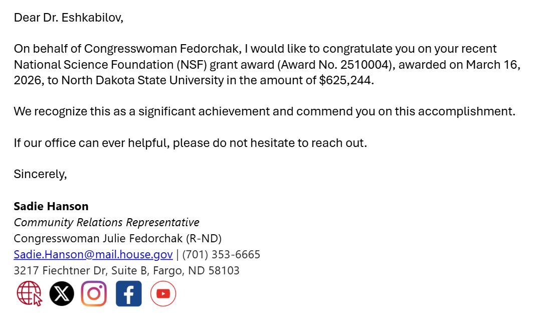 Congressional letter recognizing the NSF grant award